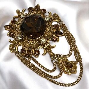 Signed Florenza Festoon Charm Drop Gold Tone‎ Brooch Brown Crystal Rhinestones